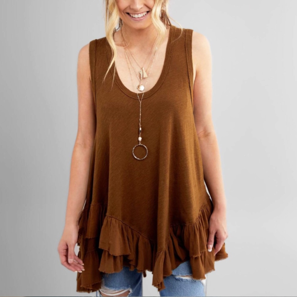 WE THE FREE  - Shimmy Sasha Oversized Brown Tiered Ruffle Linen Tank Top - XS